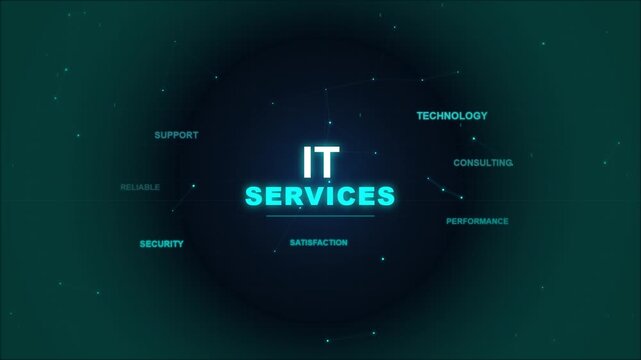 IT services word cloud with digital connections, technology support, data security, network management, and performance optimization, futuristic blue grid background