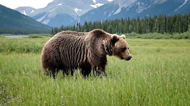 Grizzly bears roaming through lush green mountain meadow in rocky mountains wilderness park.