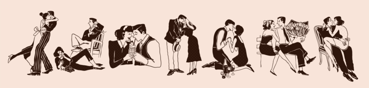 Couples kissing, hugging. Happy people in love set. Retro, vintage black and white style. Date, romance, affair concept. Hand drawn Vector illustration. Sticker, logo, icon, print templates