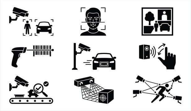 Security surveillance technology icons with cars and people during digital monitoring in a minimalist vector silhouette