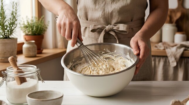 Woman Mixing Dough in Bowl Homemade Bread Baking Kitchen Process