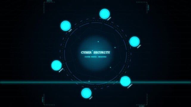 Futuristic digital interface with glowing blue data points orbiting a central circular HUD, cyber security concept
