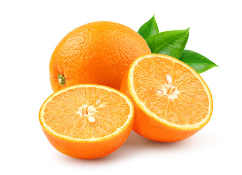 Orange with half cut isolated on white.