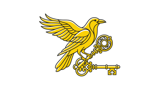 Golden Raven Holding Ornate Key on White Background