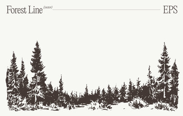 Dense forest tree line, hand drawn pine trees sketch illustration © TheMountBirdStudio