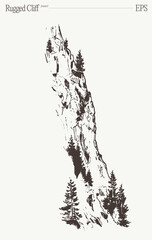 Obraz premium Rugged rock cliff with lone pine tree, hand drawn vector sketch illustration