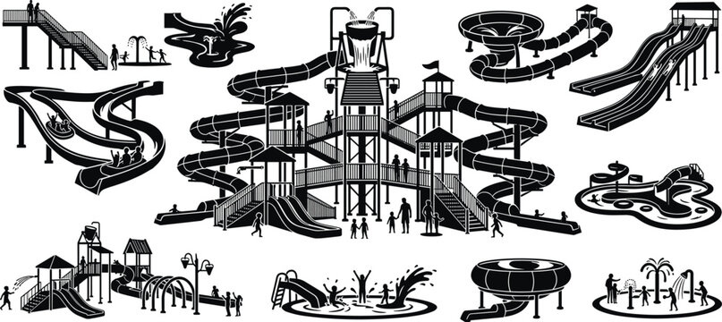 Water Park Slides and Splash Playground Silhouette Icon Set with Aquatic Play Structures and Family Recreation Vector Collection