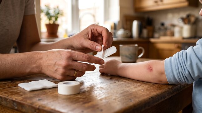 Mother applying adhesive bandage plaster to child's arm wound at home