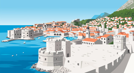 Scenic Vector Illustration of a Coastal Medieval Walled City featuring Historical Architectural Design for Travel and Tourism Projects © Purnomo Semlirick