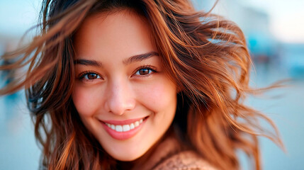 Fototapeta premium Smiling young woman with flowing hair enjoying an outdoor portrait in natural light with confident authentic lifestyle expression