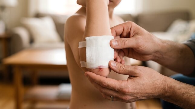 Adult hands applying medical gauze bandage to child's injured elbow for first aid treatment at home