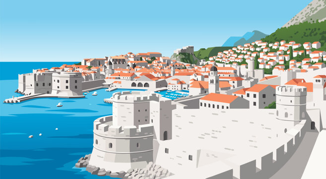 Scenic Vector Illustration of a Coastal Medieval Walled City featuring Historical Architectural Design for Travel and Tourism Projects