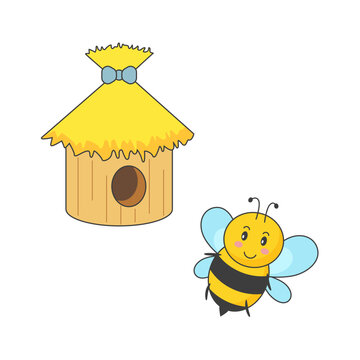 Cute bee, cartoon bee, bee flew out of the hive. Vector illustration.