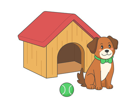 Cute dog, cartoon puppy. Dog sits near its kennel. Vector illustration.
