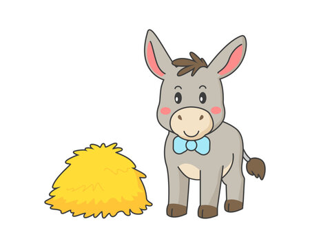 Cute donkey, cartoon burro, Donkey stands near a haystack. Vector illustration.