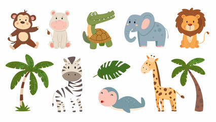 Safari animal collection vector illustration featuring a monkey hippo crocodile elephant lion zebra and giraffe african animals © SayanKumar
