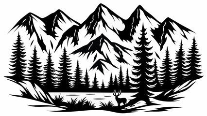 Mountain forest silhouette against a white background features evergreen trees and a deer alpine black coniferous contour © SayanKumar