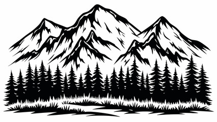 Mountain forest silhouette against a white background a striking black and white graphic composition alpine ascent backdrop © SayanKumar