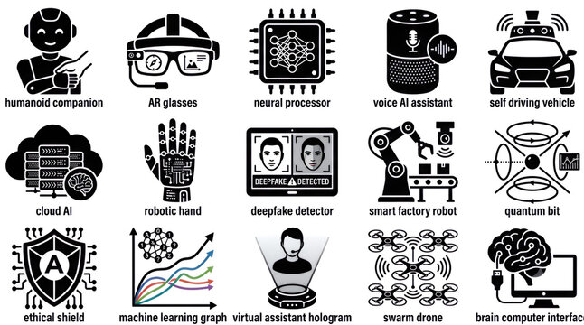 ​Artificial intelligence and advanced cyber technology black silhouette icon set with text labels featuring deepfake detector and brain computer interface