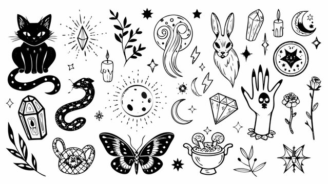 Witchcraft illustrations featuring a black cat snake moon phases and botanical elements in a linework style blackwork