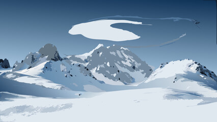 Snowy mountain peaks and a lenticular cloud form a dramatic winter landscape in a vector illustration alpine © SayanKumar