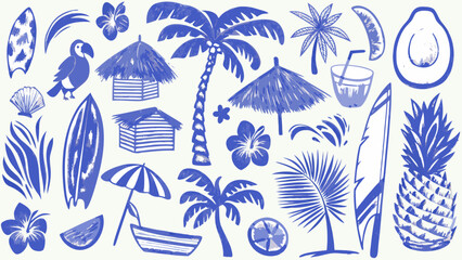 Tropical Paradise Collection A Blue Sketch Illustration Featuring Palm Trees Toucans And Beach Elements tree coconut toucan © SayanKumar