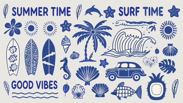 Collection of surfboards seashells palm leaves and other beach elements in a blue vector illustration beachcombing coastal
