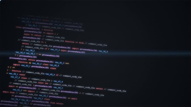 Digital code scrolling on dark screen, technology, programming, software development, data flow, abstract computer screen