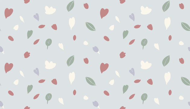 Delicate seamless pattern featuring hand drawn pastel leaves and colorful flower petals scattered on light blue.