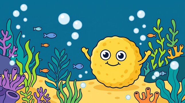 Cheerful Cartoon Sea Sponge Character Underwater Garden Bubbles Seaweed Design