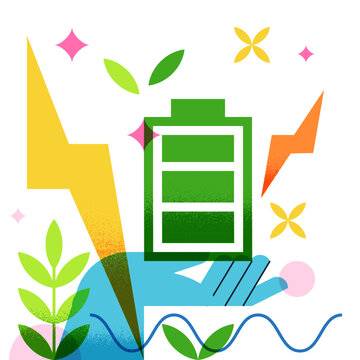 Vector environmental illustration of hand holding battery, plants, lightning bolts. Eco renewable energy concept