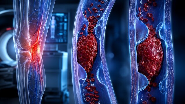 Deep Vein Thrombosis with Venous Blood Clot Formation, Deep Vein Occlusion and Impaired Lower Limb Circulation, Medical Illustration