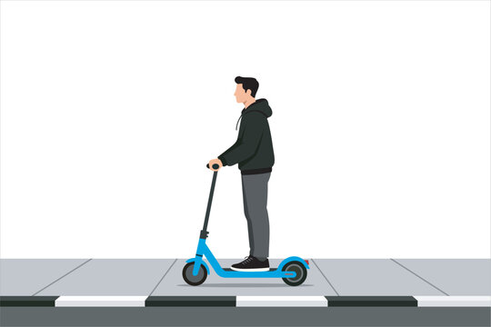 Young man riding an electric scooter on a city sidewalk, representing eco-friendly transportation, urban mobility, sustainable travel, and modern lifestyle. Vector illustration.