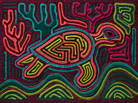 Traditional Panamanian Mola appliqu&eacute; illustration of a sea turtle