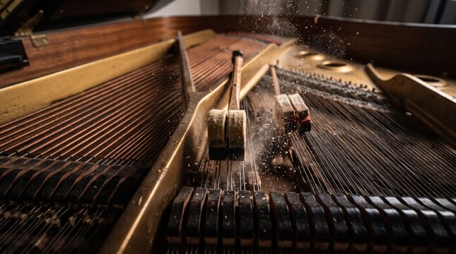 detailed Macro photo of hammers hitting piano strings 2k showing abstract micro structural details and textures with professional studio lighting