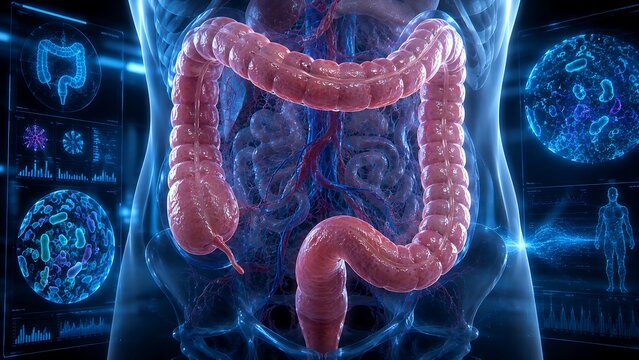 Healthy Human Colon with Normal Large Intestine Anatomy, Intact Colonic Mucosa and Functional Digestive System, Medical Illustration