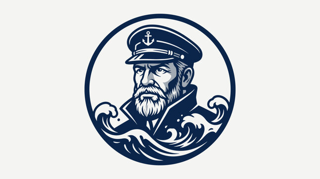 Nautical sea captain portrait logo with ocean waves.