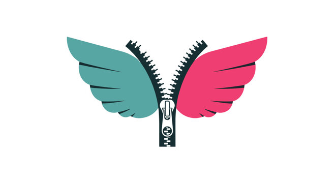 Open zipper transforming into teal and pink wings.
