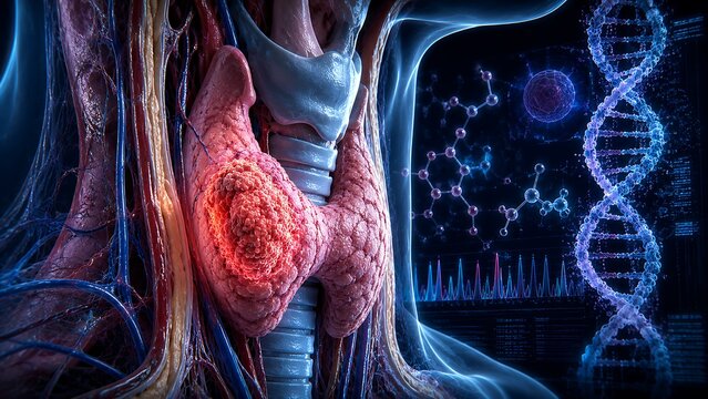 Thyroid Carcinoma with Malignant Thyroid Tumor, Progressive Thyroid Neoplasm and Endocrine Gland Cancer, Medical Illustration