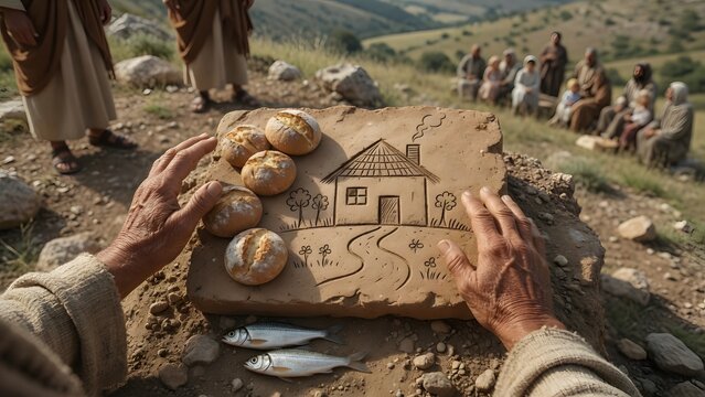 Jesus blessing five loaves and two fish beside a child&rsquo;s simple drawing of a home on a clay tablet