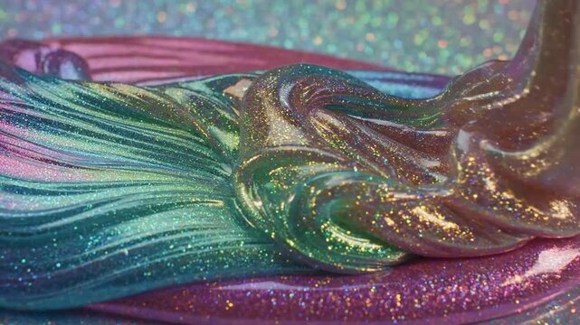 Iridescent holographic gel shifting and flowing in macro detail for creative cosmetic background