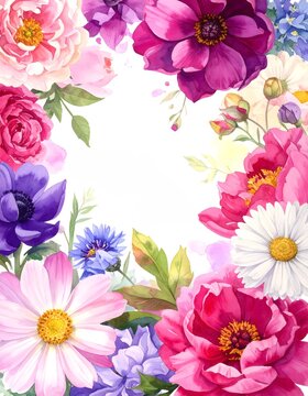 Vibrant Floral Bouquet Border Watercolor Arrangement