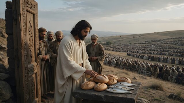 Jesus blessing five loaves and two fish beside a single carved doorpost removed from a small home