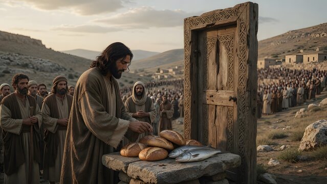 Jesus blessing five loaves and two fish beside a single carved doorpost removed from a small home