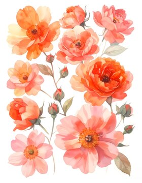 Watercolor Coral Pink Flowers Bouquet