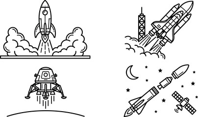Space Exploration Rocket Launch Vector Line Art Set Featuring Space Shuttle Lunar Lander Booster Separation and Satellite Icons for Science DesignsSpace Exploration Rocket Launch Vector Line Art Set F © Chiron