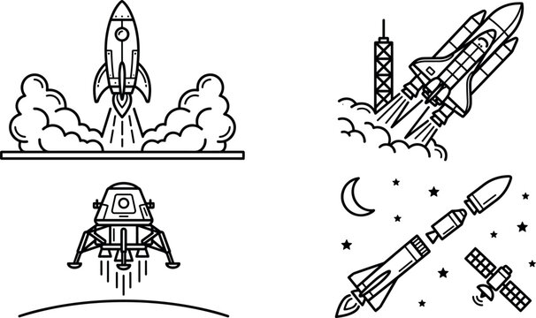 Space Exploration Rocket Launch Vector Line Art Set Featuring Space Shuttle Lunar Lander Booster Separation and Satellite Icons for Science DesignsSpace Exploration Rocket Launch Vector Line Art Set F