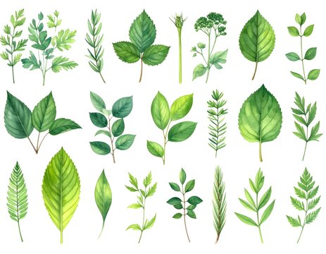 Vibrant Green Botanical Leaves Watercolor Collection