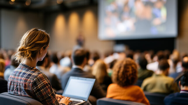 Woman using laptop while attending business conference presentation in modern auditorium for professional learning and networking