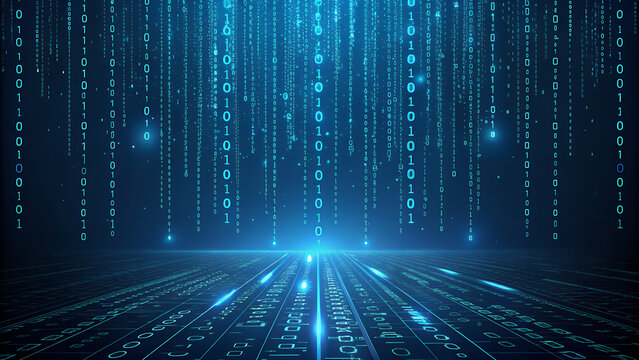 abstract representation of blue digital binary code raining down against a dark background. This design symbolizes technology, data flow, and futuristic concepts suitable for various digital projects.